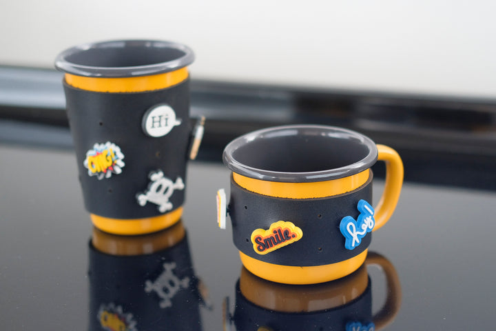 Customizable Enamel Mug With Leather Sleeve - Yellow With Anthracite Rim Enamel Mug - Bonheim