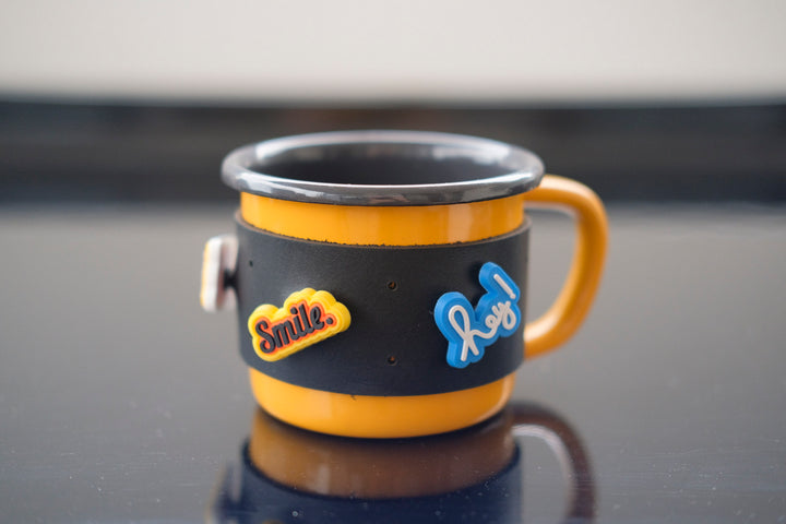 Customizable Enamel Mug With Leather Sleeve - Yellow With Anthracite Rim Enamel Mug - Bonheim