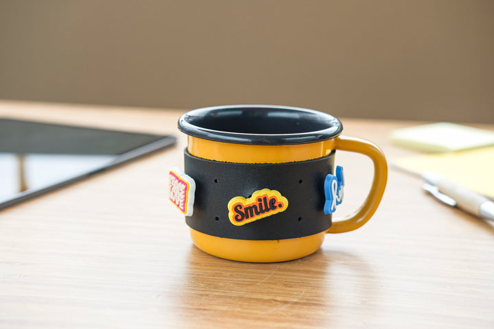 Customizable Enamel Mug With Leather Sleeve - Yellow With Anthracite Rim Enamel Mug - Bonheim