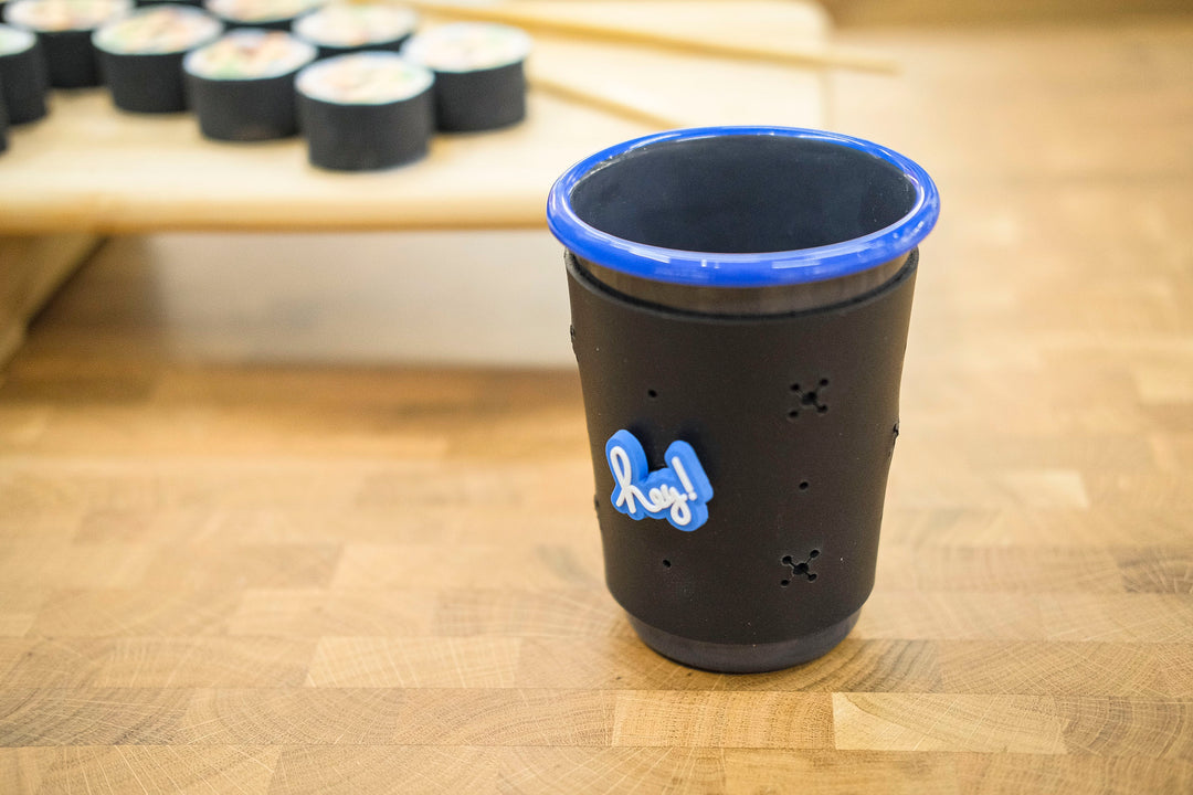 Customizable Enamel Tumbler Cup With Leather Sleeve - Anthracite With Blue Rim Enamel Tumbler Cup - Bonheim