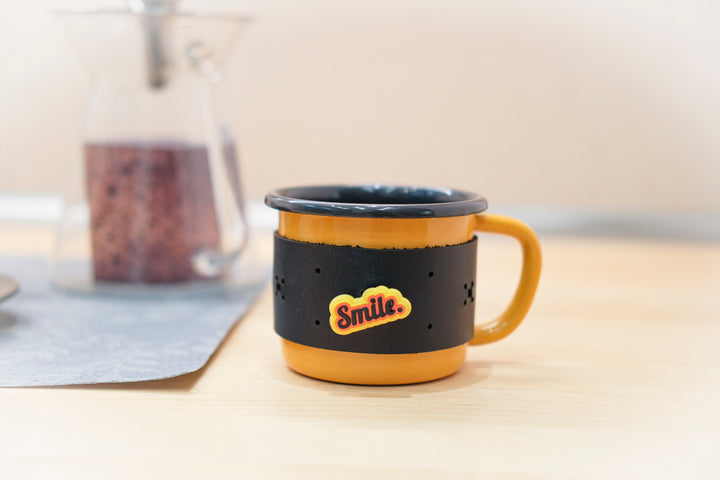 Customizable Enamel Mug With Leather Sleeve - Yellow With Anthracite Rim Enamel Mug - Bonheim