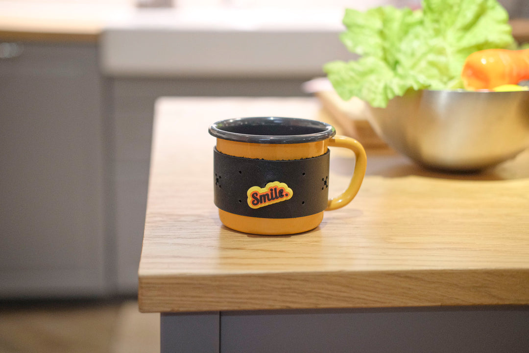 Customizable Enamel Mug With Leather Sleeve - Yellow With Anthracite Rim Enamel Mug - Bonheim