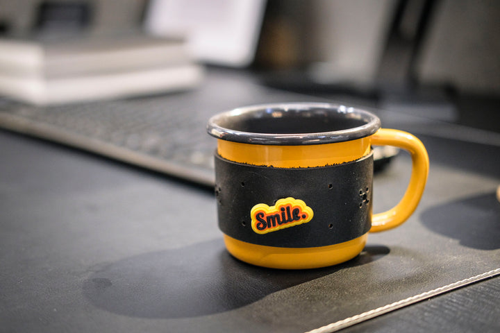 Customizable Enamel Mug With Leather Sleeve - Yellow With Anthracite Rim Enamel Mug - Bonheim