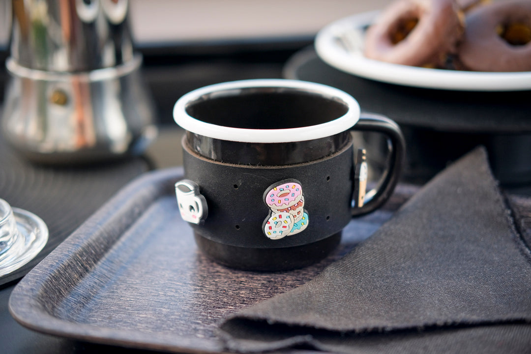 Customizable Enamel Mug With Leather Sleeve - Black With White Rim Enamel Mug - Bonheim