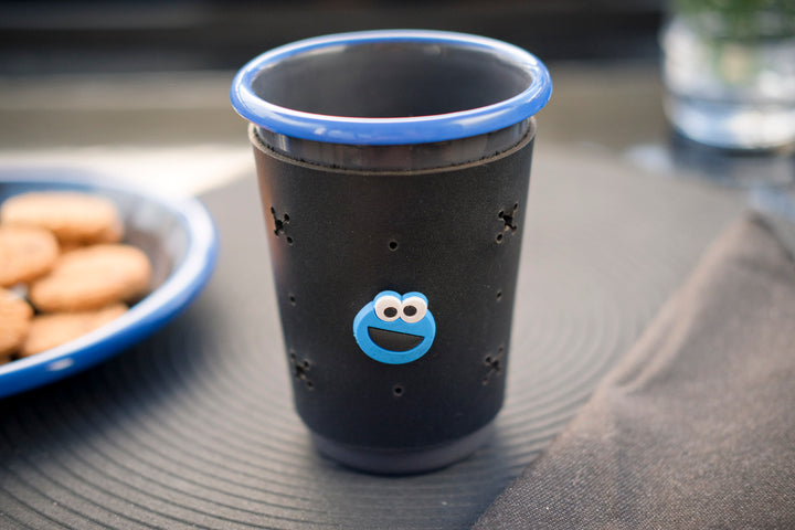 Customizable Enamel Tumbler Cup With Leather Sleeve - Anthracite With Blue Rim Enamel Tumbler Cup - Bonheim