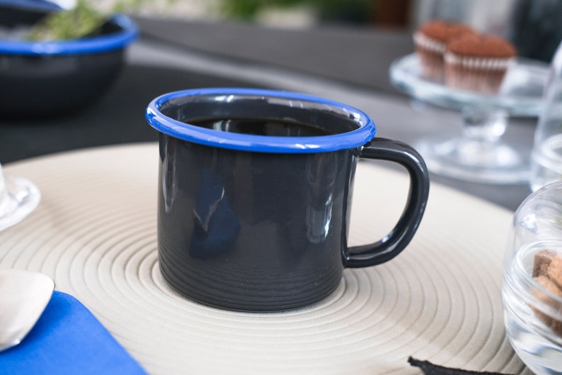 Anthracite With Blue Rim Enamel Mug - Bonheim