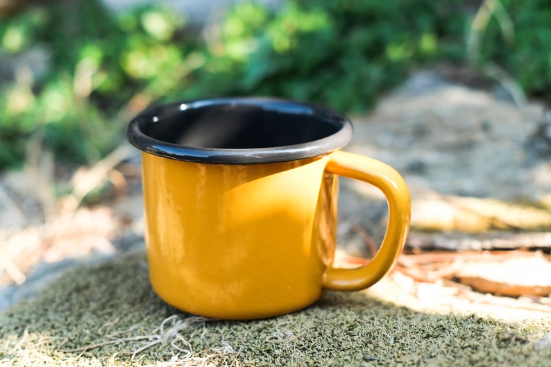 Yellow With Anthracite Rim Enamel Mug - Bonheim