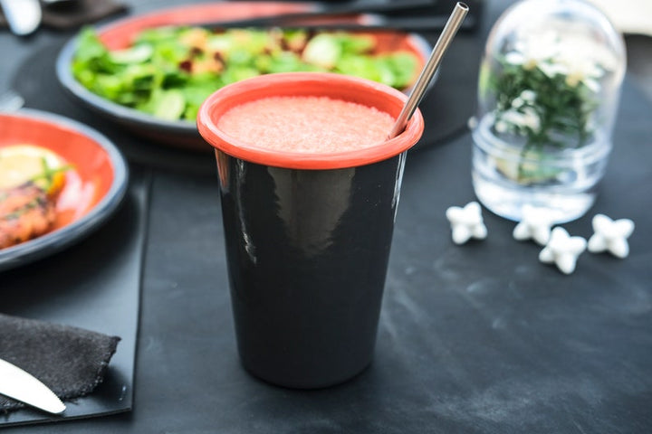 Anthracite With Salmon Red Rim Enamel Tumbler Cup - Bonheim