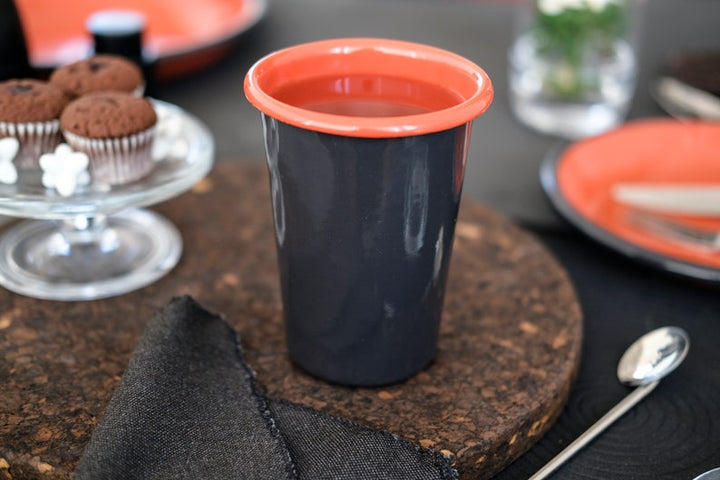 Anthracite With Salmon Red Rim Enamel Tumbler Cup - Bonheim