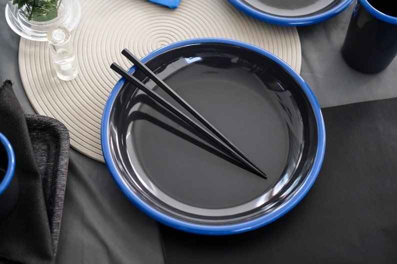 Anthracite With Blue Rim Enamel Plate - Bonheim