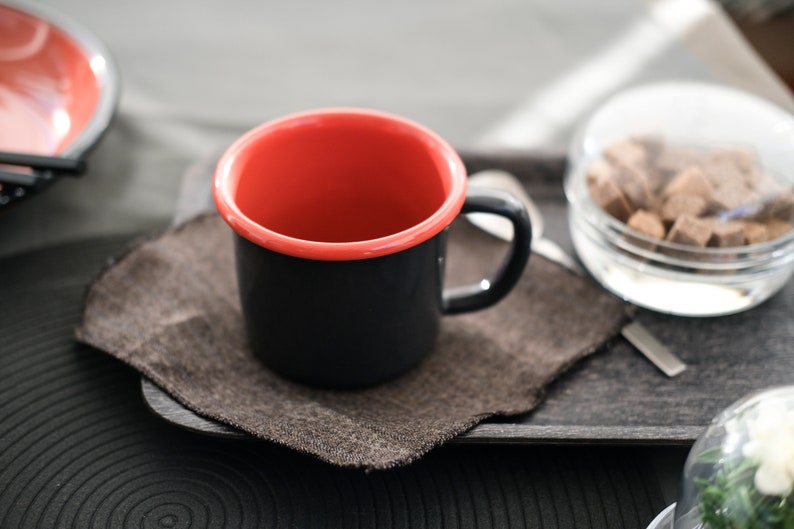 Anthracite With Salmon Red Rim Enamel Mug - Bonheim