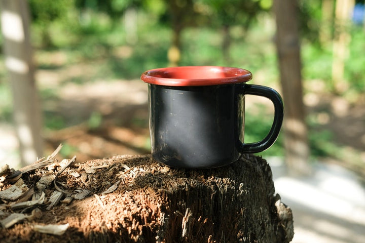 Anthracite With Salmon Red Rim Enamel Mug - Bonheim