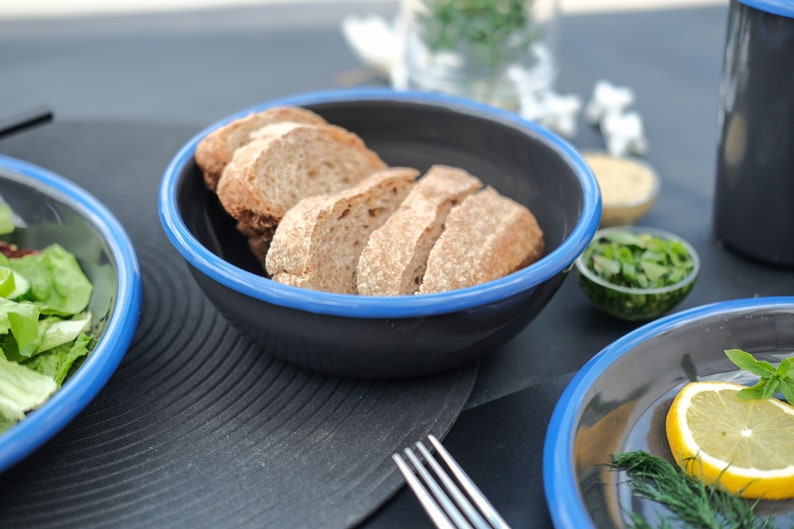 Anthracite With Blue Rim Enamel Bowl - Bonheim