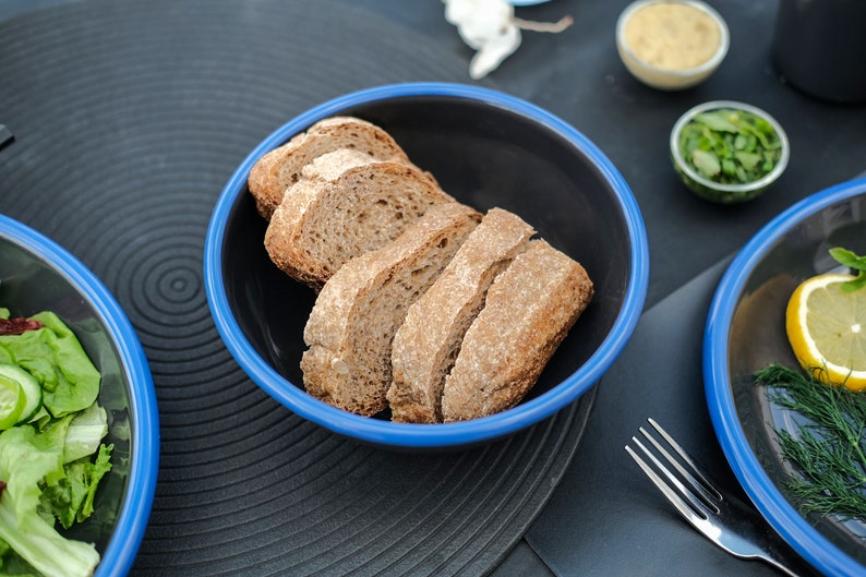 Anthracite With Blue Rim Enamel Bowl - Bonheim