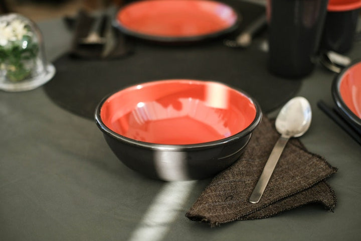 Anthracite With Salmon Red Rim Enamel Bowl - Bonheim